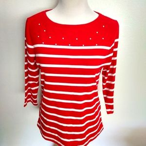 Karen Scott Womens Boat Neck Striped Studded Top 3/4 Sleeve Petite Large…